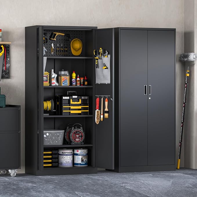 Washemba 71" Metal Garage Storage Cabinet, 2 Locked Doors and 5 Adjustable - Image 2