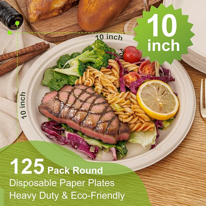 WELLIFE 100% Compostable Paper Plates 10 Inch, Biodegradable Bagasse, - Image 2