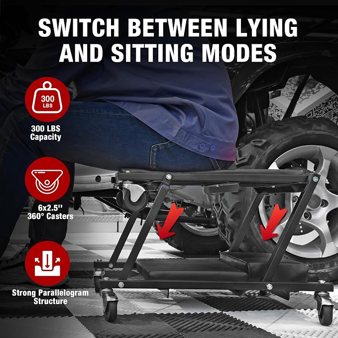 Torin 2-in-1 Foldable Garage Shop Creeper, 300 lbs Capacity, 6 Wheels - Image 4