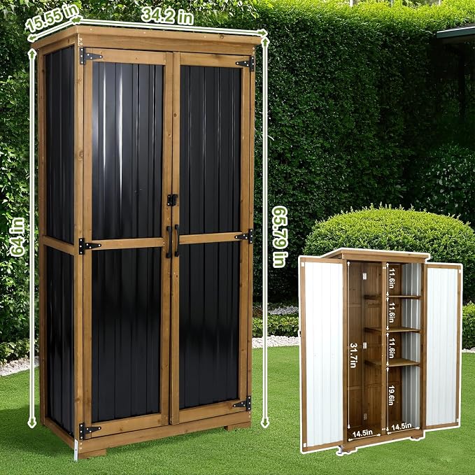 Outdoor Storage Cabinet Weatherproof, Wood & Metal Storage Shed - Image 2