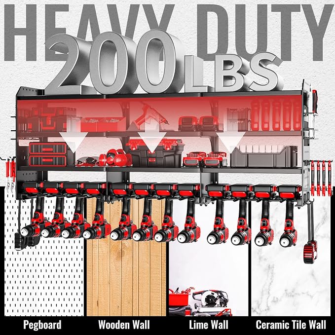 Large Power Tool Organizer Wall Mount-12 Drill Holder, Metal Heavy Duty Garage - Image 5