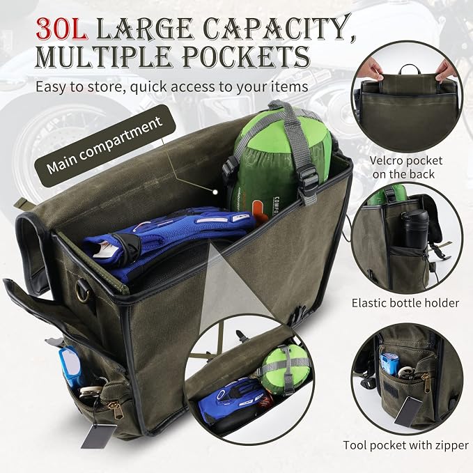 NICECNC Motorcycle Saddlebags Vintage Oil Waxed Canvas Leather, 30L Throw Over - Image 4