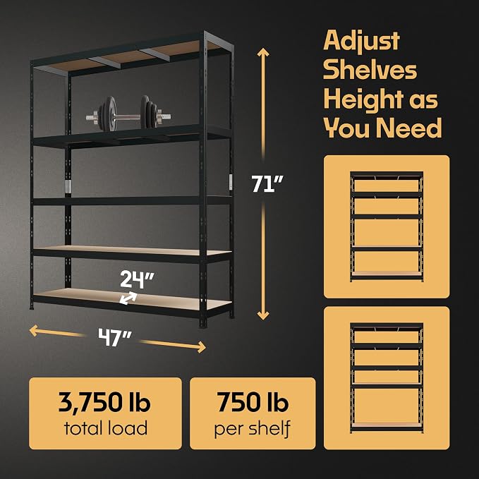 Storage Shelves: 5 Storage Shelves Heavy Duty w/ 3, 750 lb Total Load Capacity - Image 2