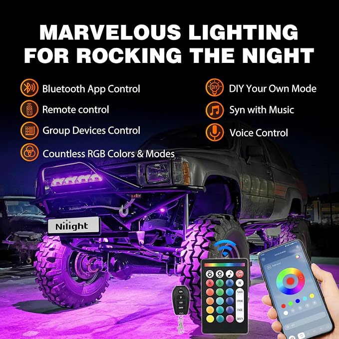 Nilight RGB LED Rock Lights Kit 8 PCS 18LED Wide Angle Wheel Well Light - Image 3