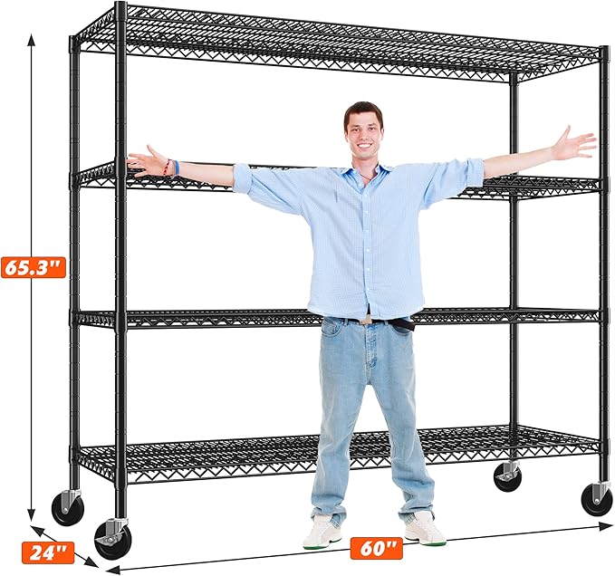 REIBII 60" W ×24" D×65.3" H, 4 Tier Wire Shelving 2878LBS Heavy Duty Steel - Image 3