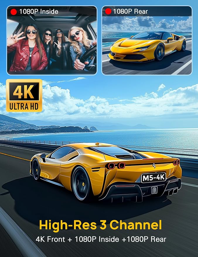 3 Channel 4K Dash Cam Front and Rear Inside, Built-in 5G WiFi, 4K+1080P+1080P - Image 2
