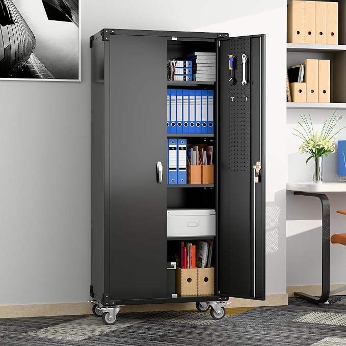 Garage Storage Cabinet with Wheels & Pegboard, Assembly Required - Image 8