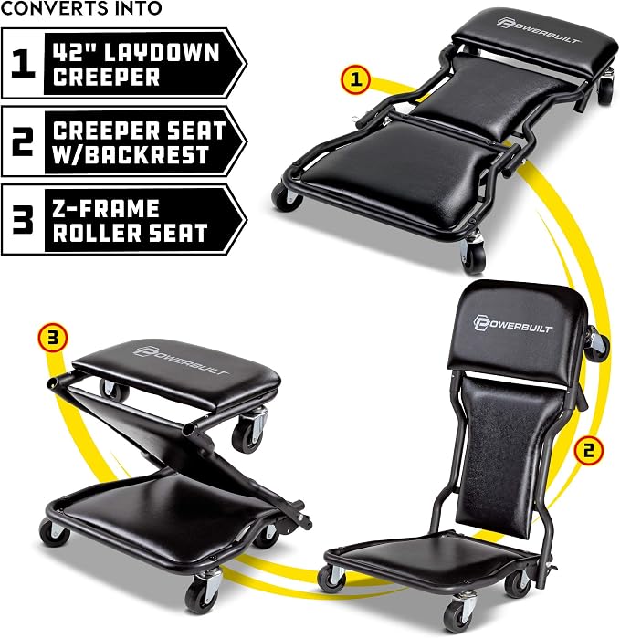 Powerbuilt 42-Inch Triplex Folding Creeper, Rolling Seat, and Brake Stool - Image 2