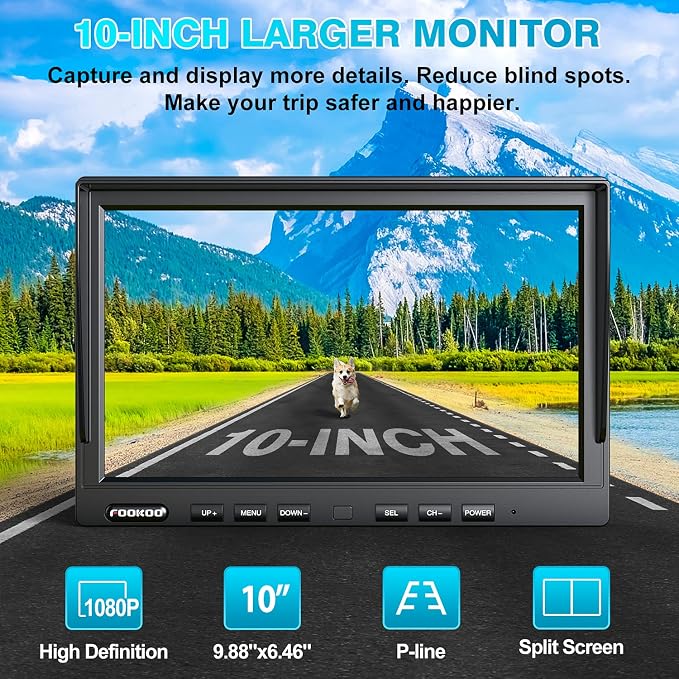 Fookoo HD 1080P 10" Wireless Backup Camera System, 10-inch Quad Split Screen - Image 2