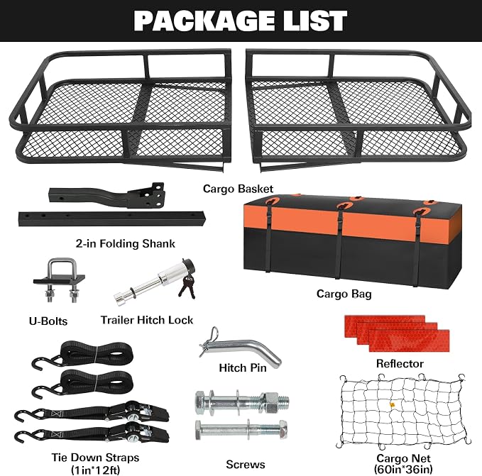 WEIZE Folding Hitch Mount Cargo Carrier Basket 60" X 20" X 6"+ Waterproof Cargo - Image 6