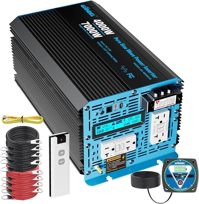 GIANDEL 4000W Pure Sine Wave Power Inverter 12V to 120V AC, 7000W Surge by GIANDEL