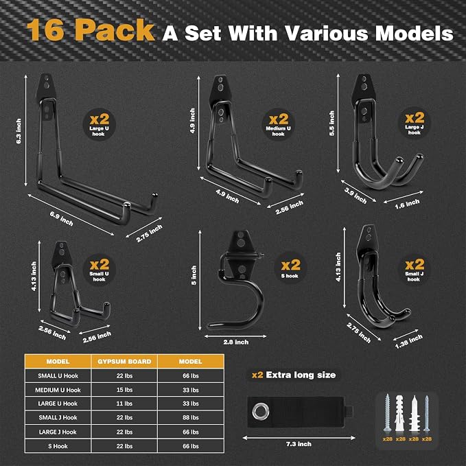 Steel Garage Storage Hooks, Heavy Duty Wall Mount Hooks - Image 2