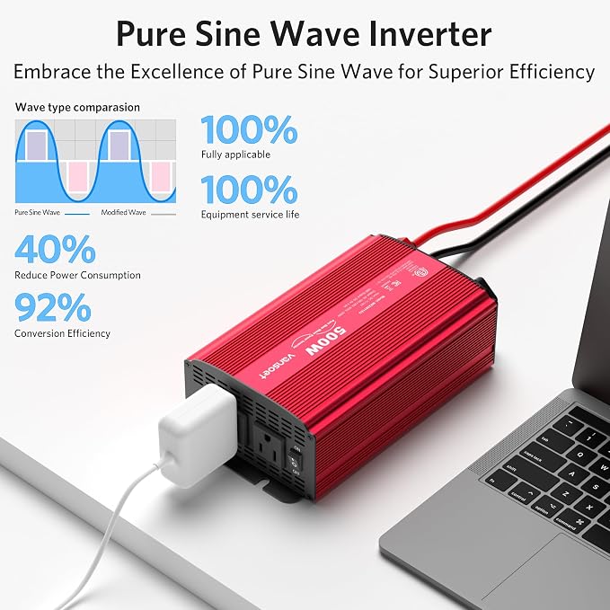 500W Pure Sine Wave Power Inverter, DC 12V to 110V AC Car Plug Inverter Adapter - Image 3
