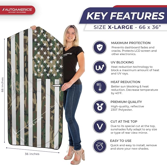 Autoamerics 1-Piece Windshield Sun Shade ERDL Camo American Flag USA Design - Image 2