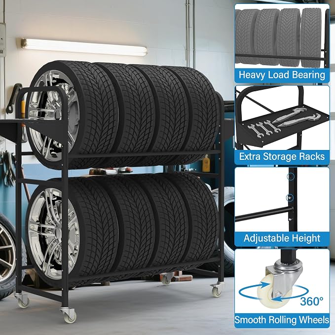 Tire Storage Rack 57" x 55.1" x 20" w/Anti-dust Cover, Adjustable Rolling Tire - Image 3