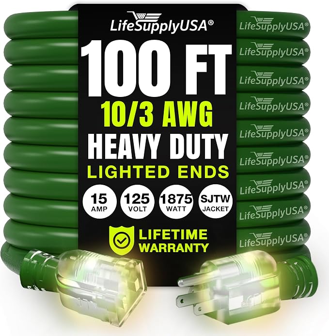 100ft Outdoor/Indoor Extension Cord 10/3 Gauge Ultra Heavy Duty 3 Prong SJTW by LifeSupplyUSA