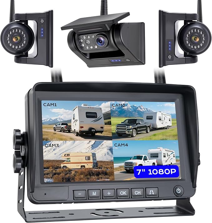 7" 3-Magnetic Wireless RV Backup Camera, HD1080P DVR Monitor, IP69 Waterproof & by WOOCARTY