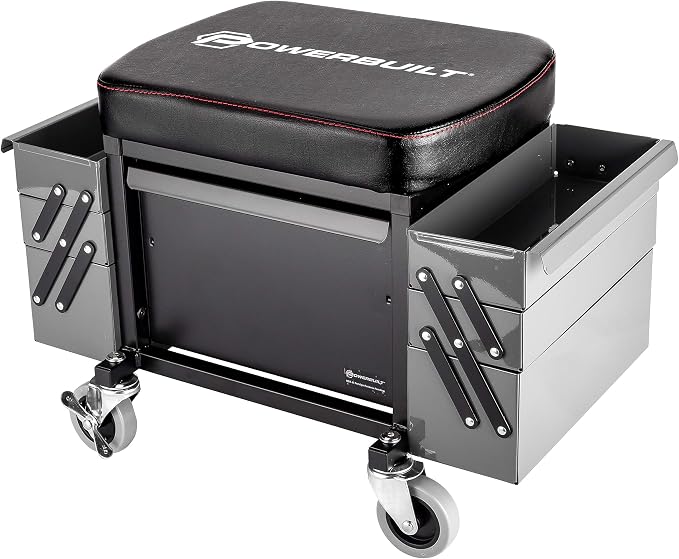 Powerbuilt Rolling Seat with Expandable Tool Trays, Roller Toolbox Garage Stool - Image 3