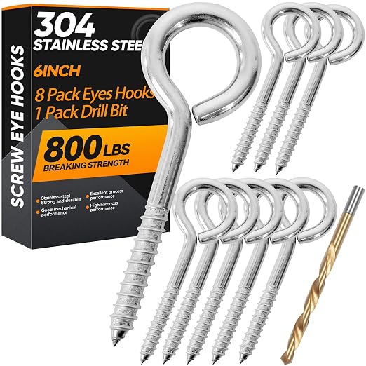 8Pcs 6 Inch Heavy Duty Screw Eyes Hooks, 304 Stainless Steel Self Tapping by YAIRMIS