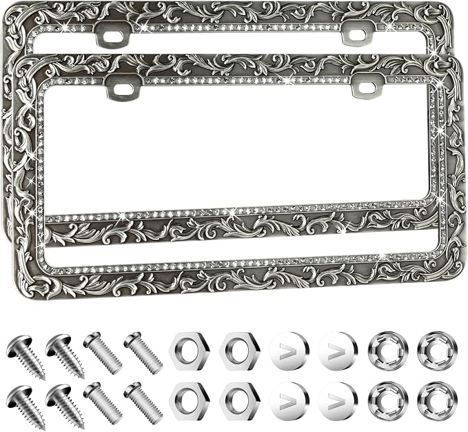 Valor Metal Car License Plate Frames, Antique Old Pattern Printing, Bling by VALOR