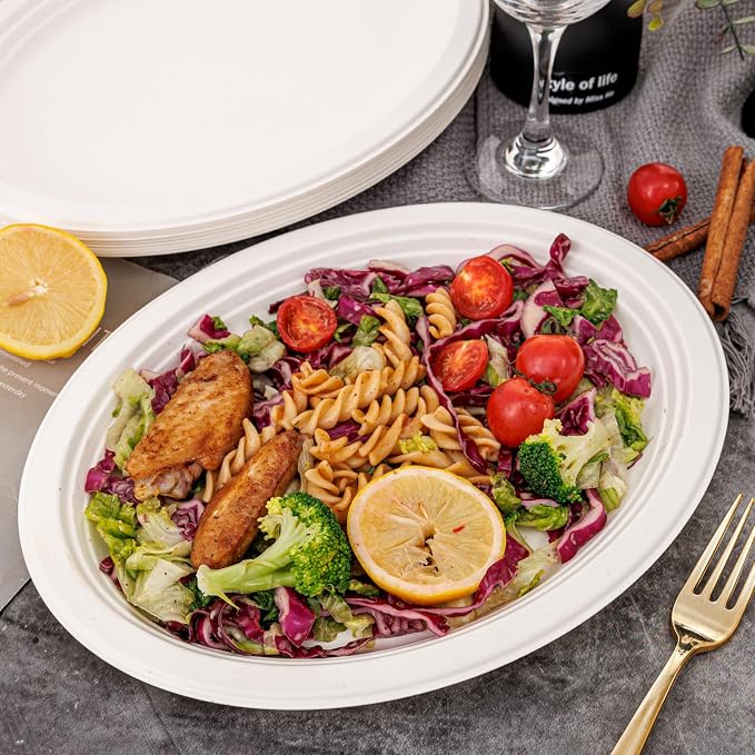 WELLIFE 100% Compostable Oval Paper Plates 12 Inch, Biodegradable Bagasse - Image 6