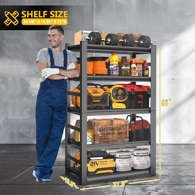 63" Heavy Duty Garage Shelving, 5-Tier Adjustable Storage Shelf, 2000lbs - Image 3
