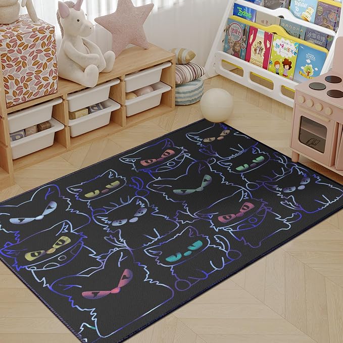 Black Play Cat Rug for Playroom for Boys Girls 2x3 Funny Cute Cat Cartoon Decor - Image 6