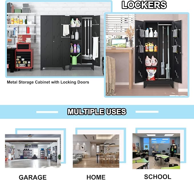 71" Broom Closet Cabinet with Hanging Rod, Tall Black Metal Storage Cabinet - Image 5