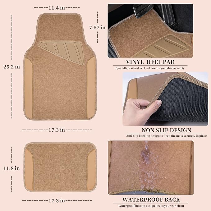 CAR PASS Beige Leather & Waterproof Car Carpet Floor Mats, Universal Car Mats - Image 2