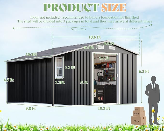 AMERLIFE 10.6x10.3x6.3 FT Galvanized Metal Storage Shed - Image 2