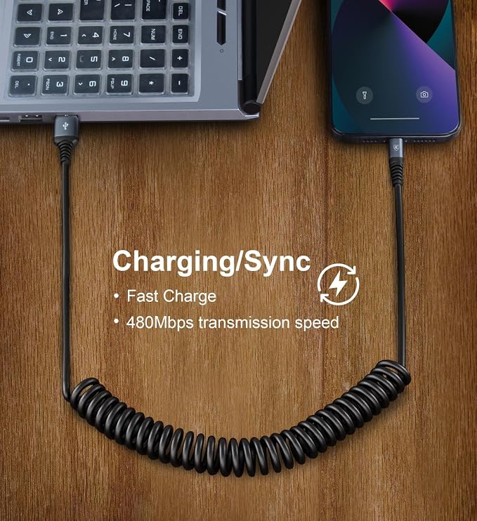 iPhone Charger Cable 6FT for Car, Coiled Lightning Cable 2 Pack 6 Feet - Image 4
