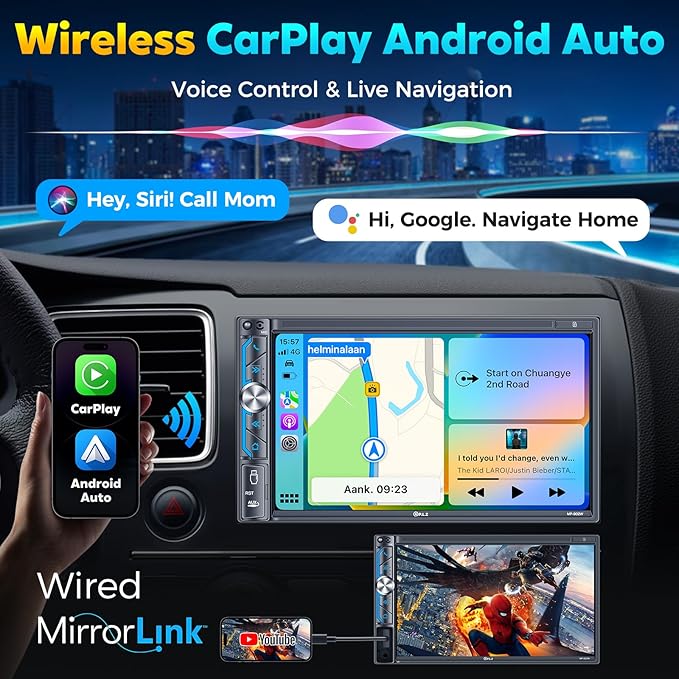 PLZ 7" Wireless Double Din Car Stereo Apple Carplay Radio Screen - Image 2