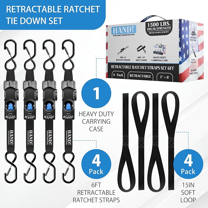 HandT USA Based Retractable Ratchet Straps 1in x 6ft - Image 4