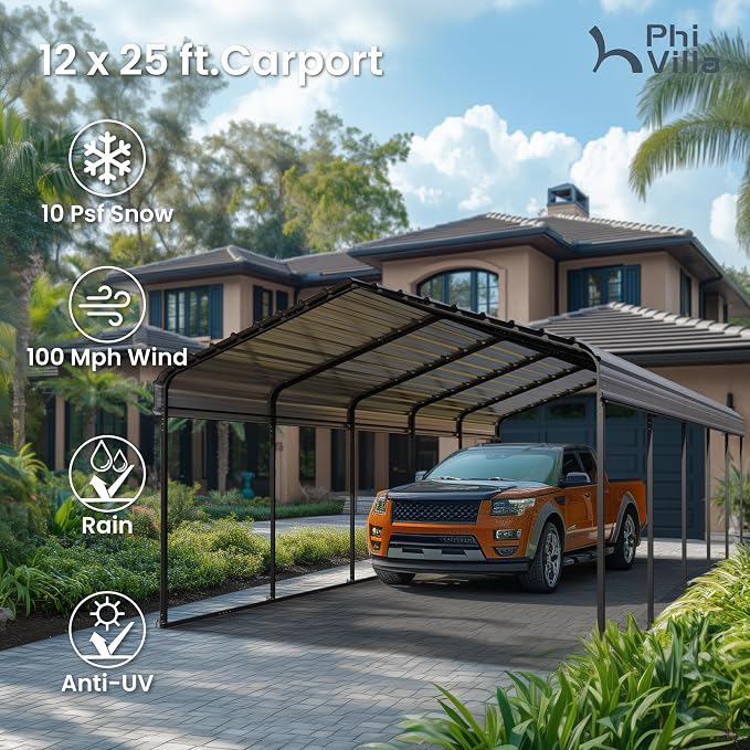 PHI VILLA Outdoor Carport Canopy 12' x 25', Metal Carport Tent Heavy Duty - Image 3