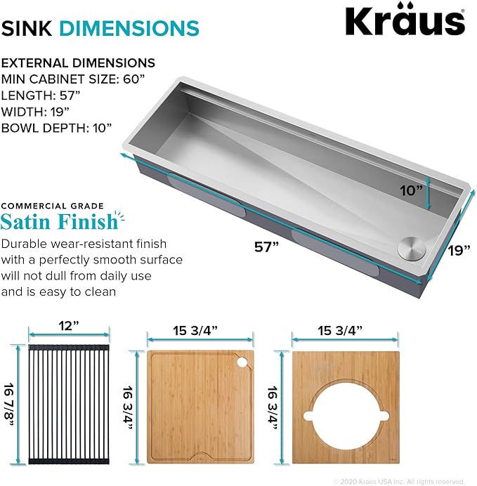 KRAUS Kore 57-inch Undermount Workstation 16 Gauge Single Bowl Stainless Steel - Image 5