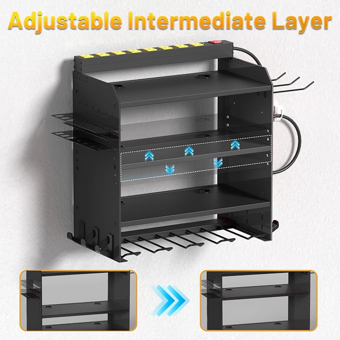 4-Layer Wall-Mounted Power Tool Organizer Rack, Heavy Duty Adjustable Shelves - Image 4