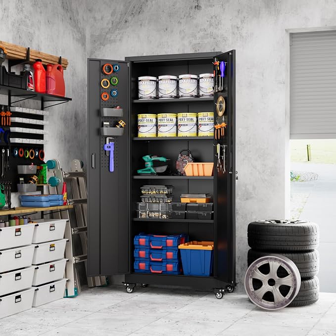 Garage Storage Cabinet with with Pegboard and Wheels, Tool Storage, Home Office - Image 2