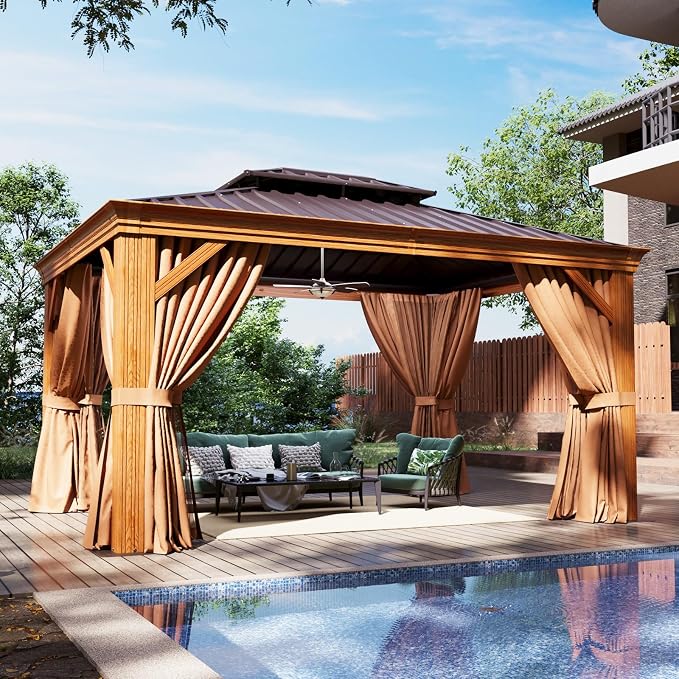 Aoxun 10' x 12' Hardtop Gazebo, Wooden Finish Coated Aluminum Frame Canopy by Aoxun