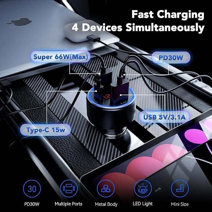 USB C Car Charger, 4 Port 78W Dual USB Car Charger Adapter Fast Charging Multi - Image 2