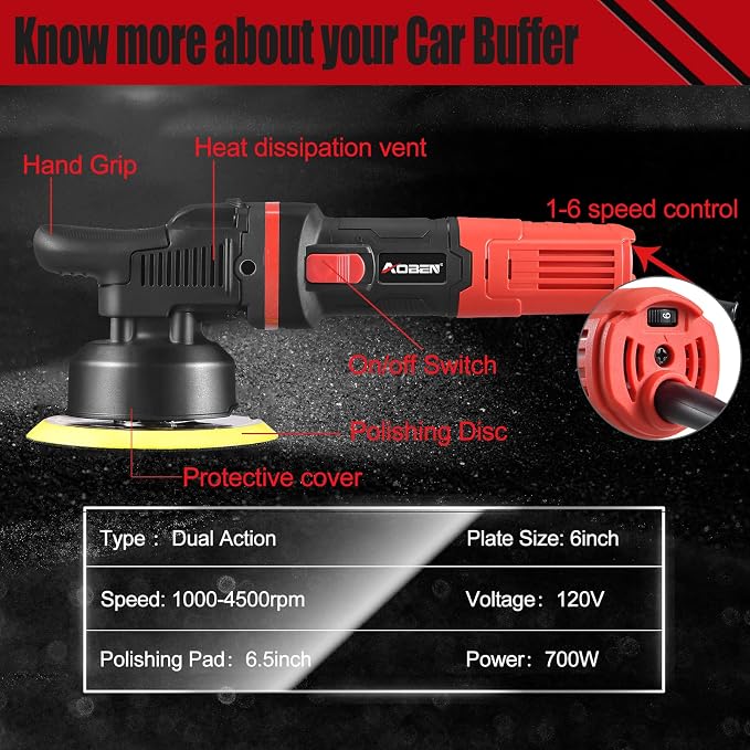 AOBEN Car Buffer Polisher, 6 inch Dual Action Polisher, Random Buffer Polisher - Image 2