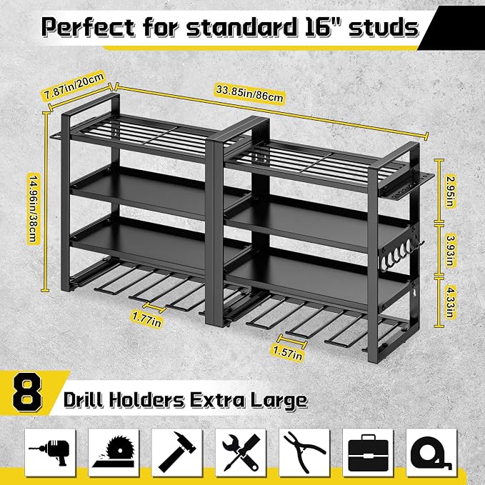 Large Power Tool Organizer Wall Mount, 8 Cordless Drill Holder, 4 Tier Metal - Image 3