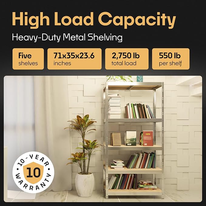Storage Shelves: 5 Storage Shelves Heavy Duty w/ 2, 750 lb Total Load Capacity - Image 3