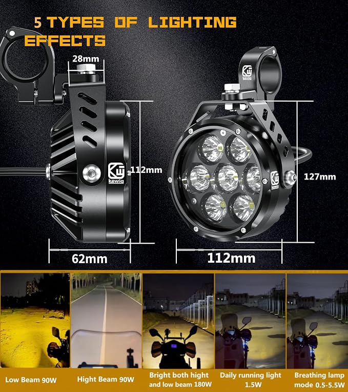 Kewig 4.5 Inch Motorcycle Auxiliary LED Fog Light 90W Amber White Driving - Image 2