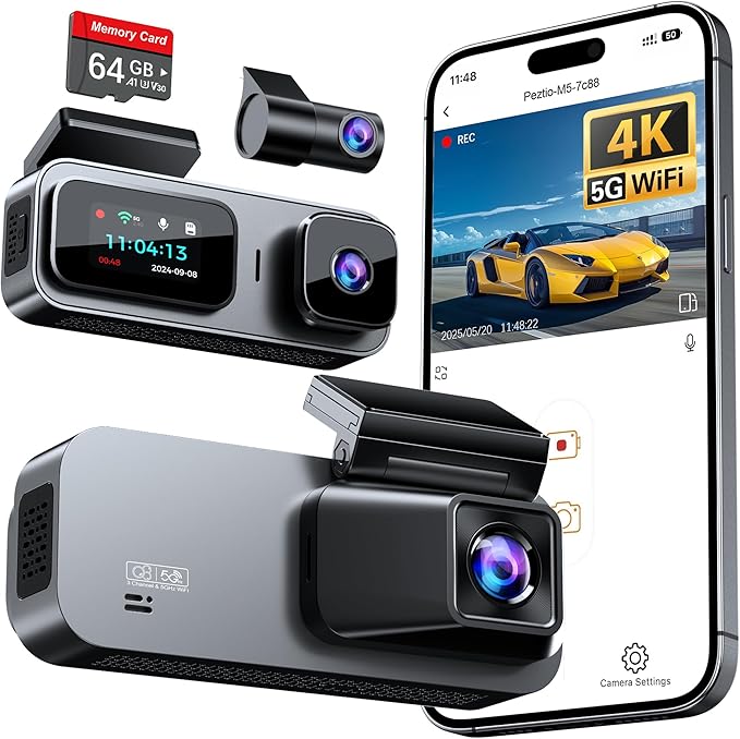 3 Channel 4K Dash Cam Front and Rear Inside, Built-in 5G WiFi, 4K+1080P+1080P by Anyski