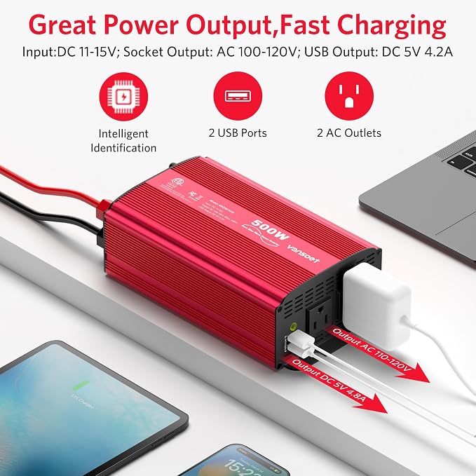 500W Pure Sine Wave Power Inverter, DC 12V to 110V AC Car Plug Inverter Adapter - Image 2