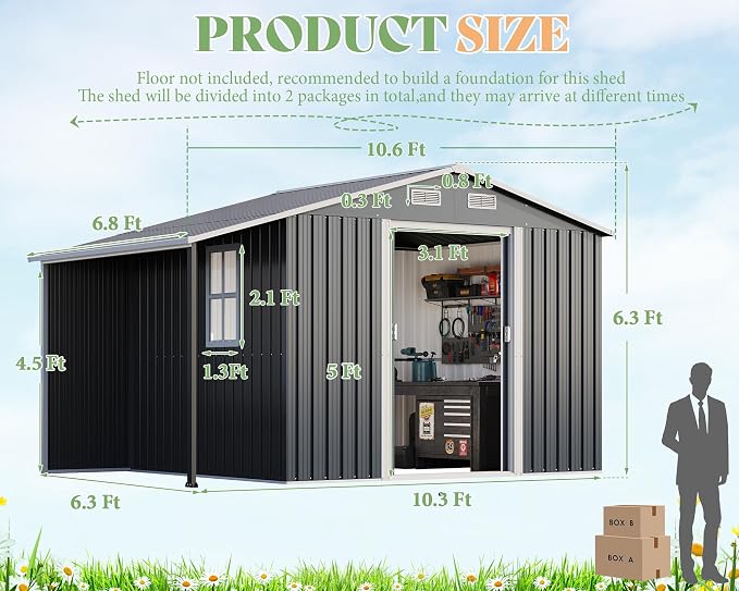 Jocisland 10.6x6.8x6.3 FT Galvanized Metal Storage Shed - Image 2