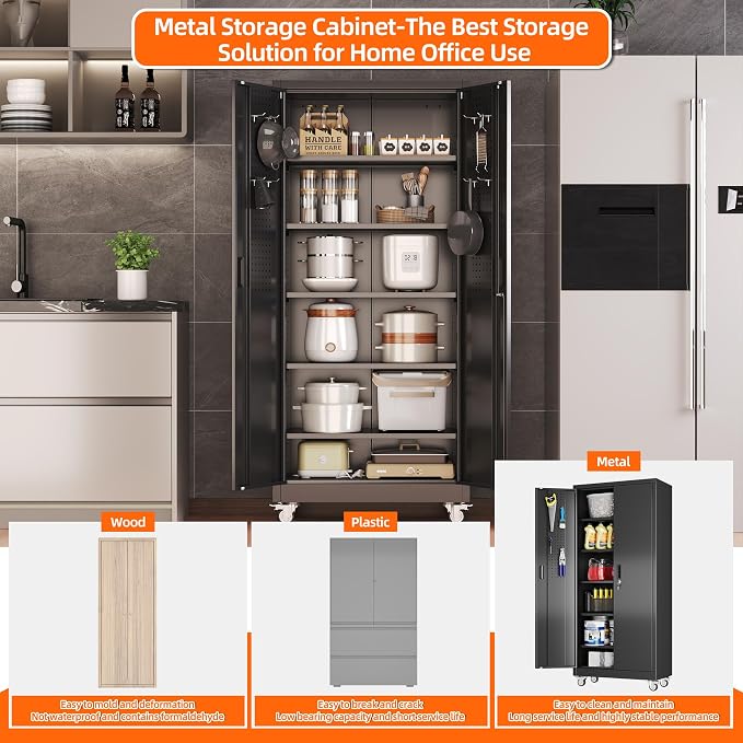 Garage Storage Cabinet with Wheels Pegboard and 5 Adjustable Shelves, Tool - Image 6