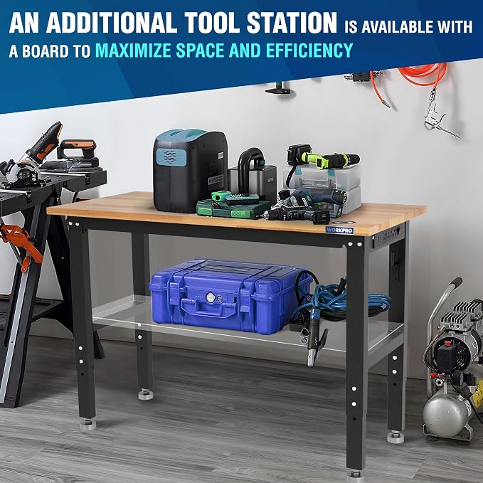 WORKPRO Adjustable Garage Workbench, Leveling Foot, 5 Heights, 1500 LBS Load - Image 4