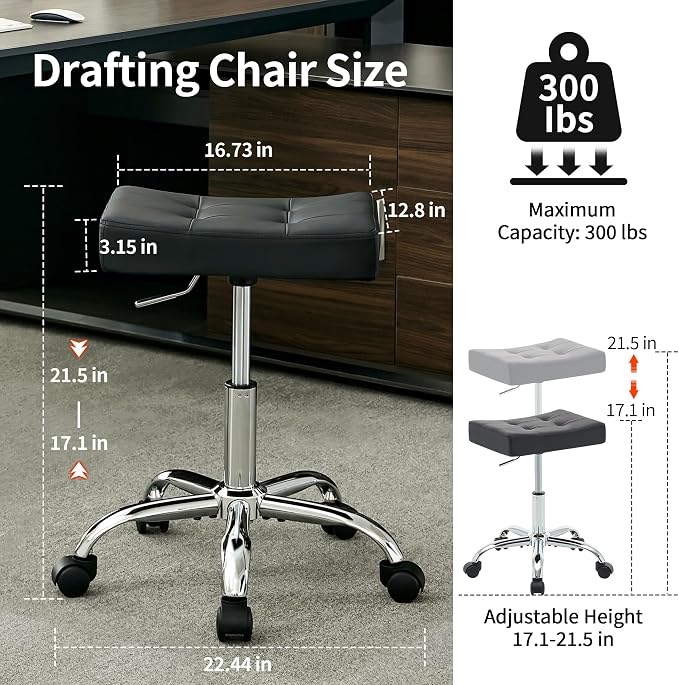 Office Stool with Wheels Black Faux Leather Workbench Stool - Image 2