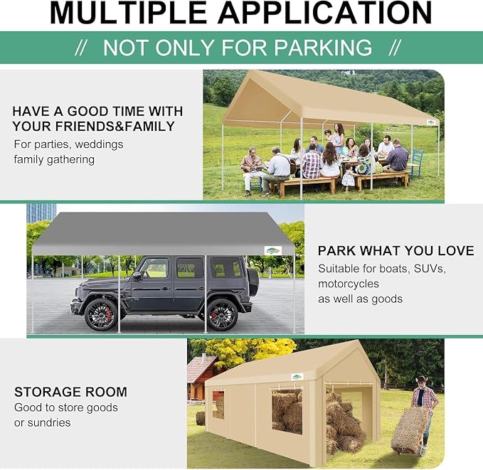 COBIZI Carport 12x20ft Heavy Duty Portable Garage, 2.0 Powder Coated Frame - Image 7